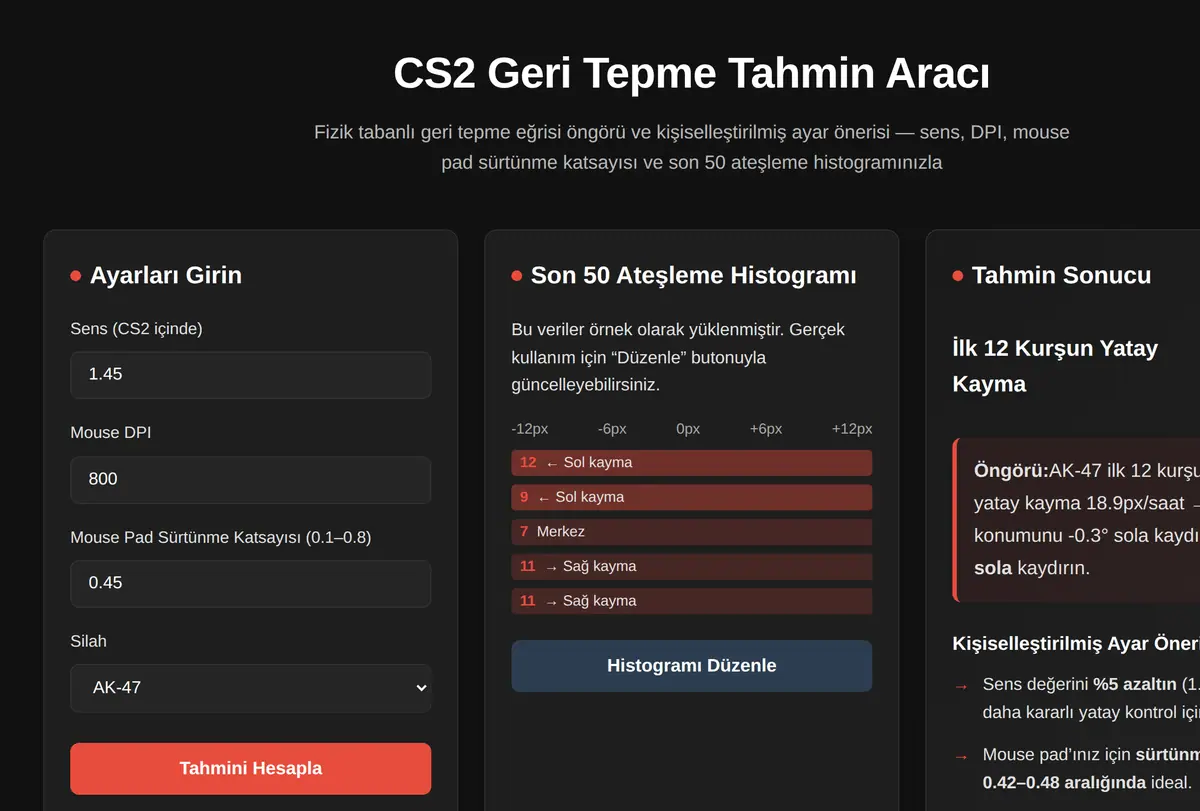 CS2 Geri Tepme Tahmin Aracı ekran görüntüsü