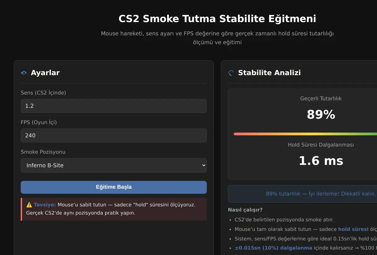 CS2 Smoke Tutma Stabilite Eğitmeni ekran görüntüsü