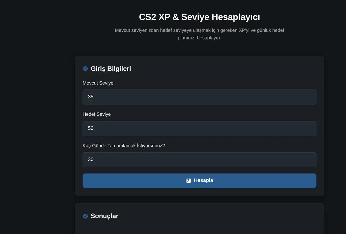 CS2 XP & Seviye Hesaplayıcı ekran görüntüsü