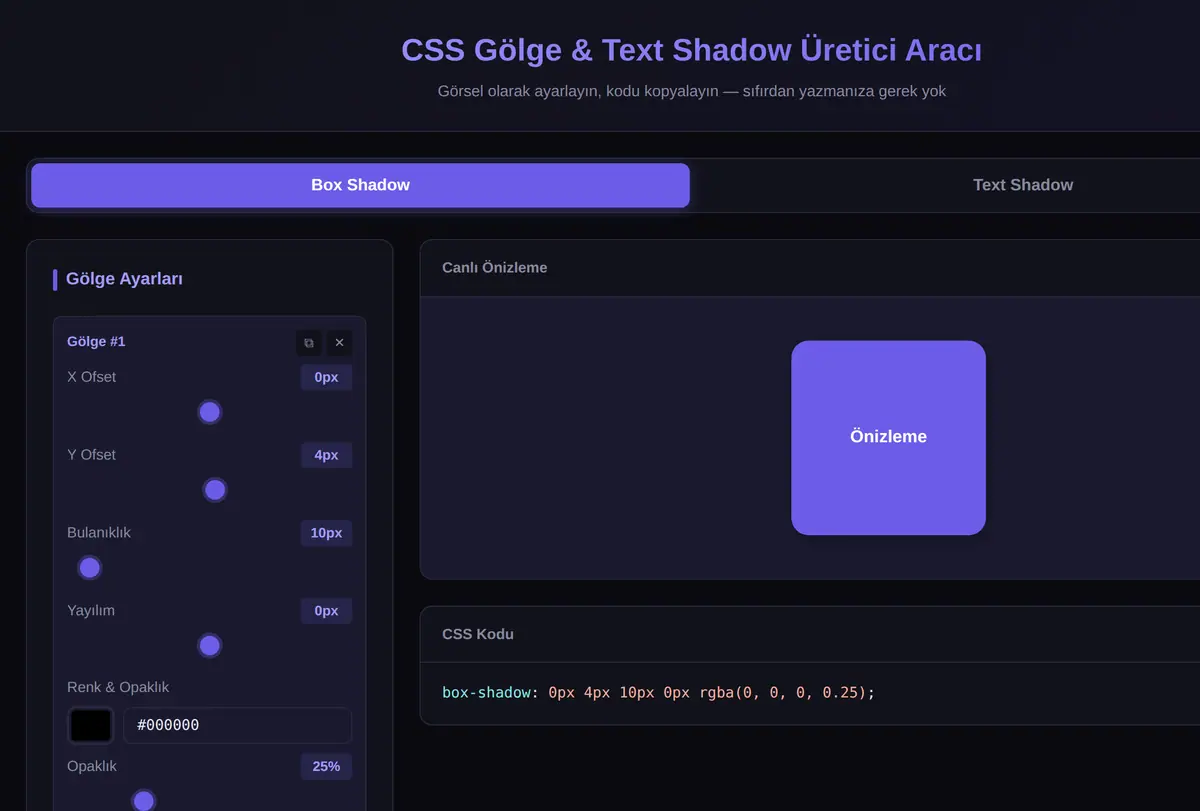 CSS Gölge & Text Shadow Üretici Aracı ekran görüntüsü