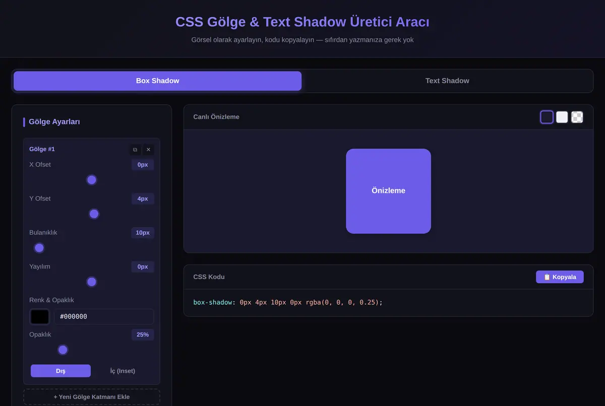CSS Gölge & Text Shadow Üretici Aracı ekran görüntüsü 2