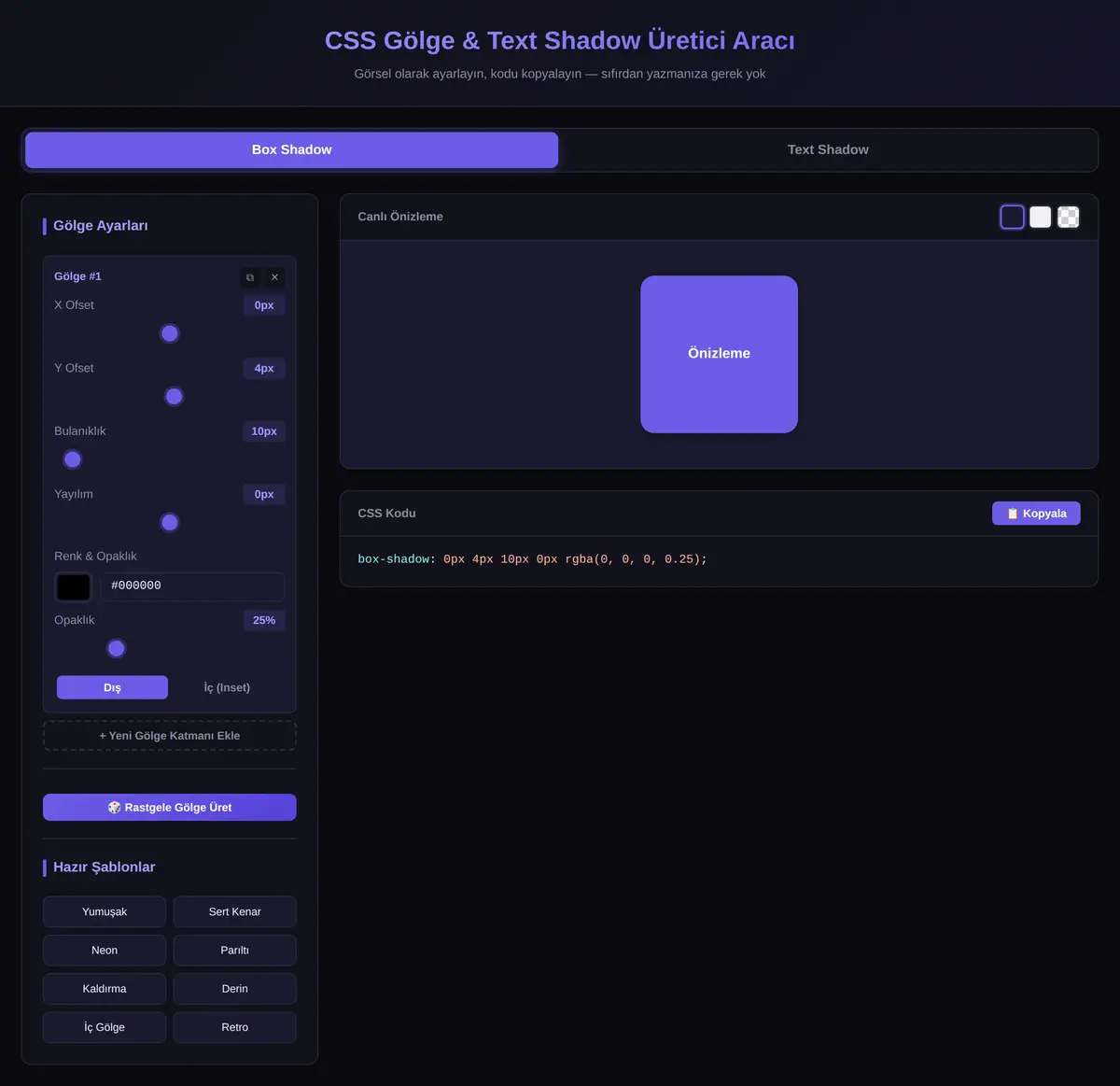 CSS Gölge & Text Shadow Üretici Aracı ekran görüntüsü 3