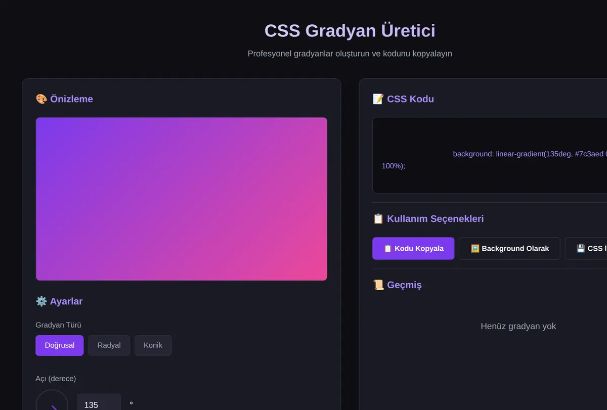 CSS Gradyan Üretici ve Kod Çıktı Aracı ekran görüntüsü