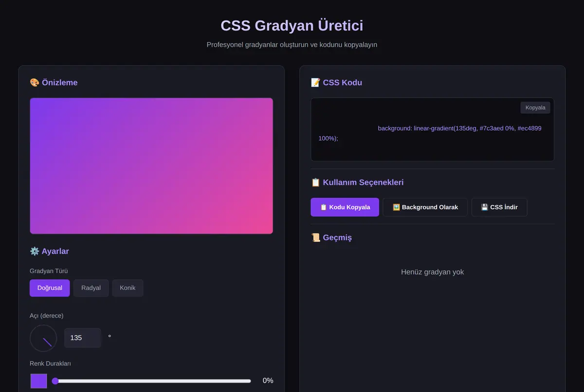 CSS Gradyan Üretici ve Kod Çıktı Aracı ekran görüntüsü 2