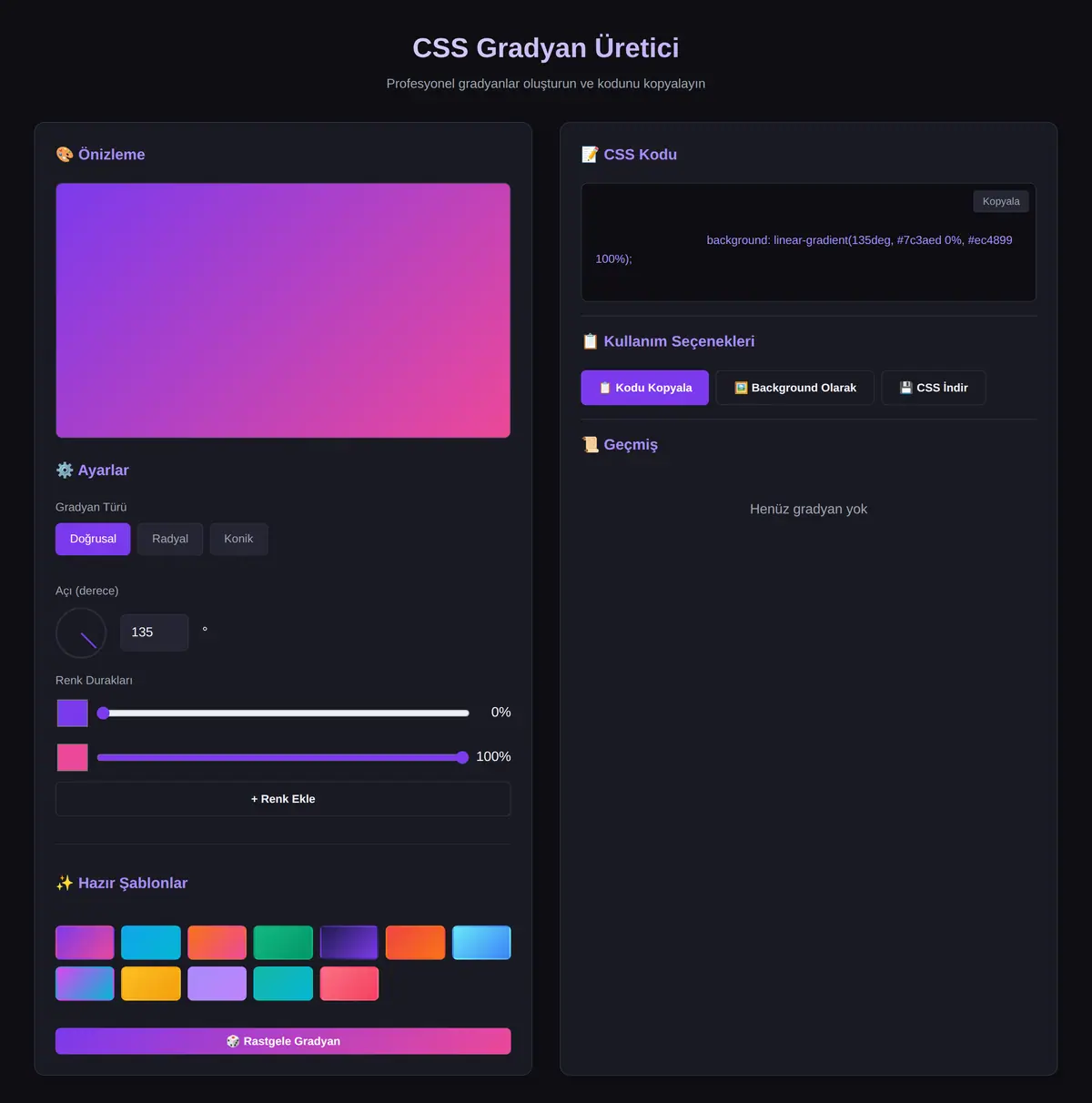 CSS Gradyan Üretici ve Kod Çıktı Aracı ekran görüntüsü 3