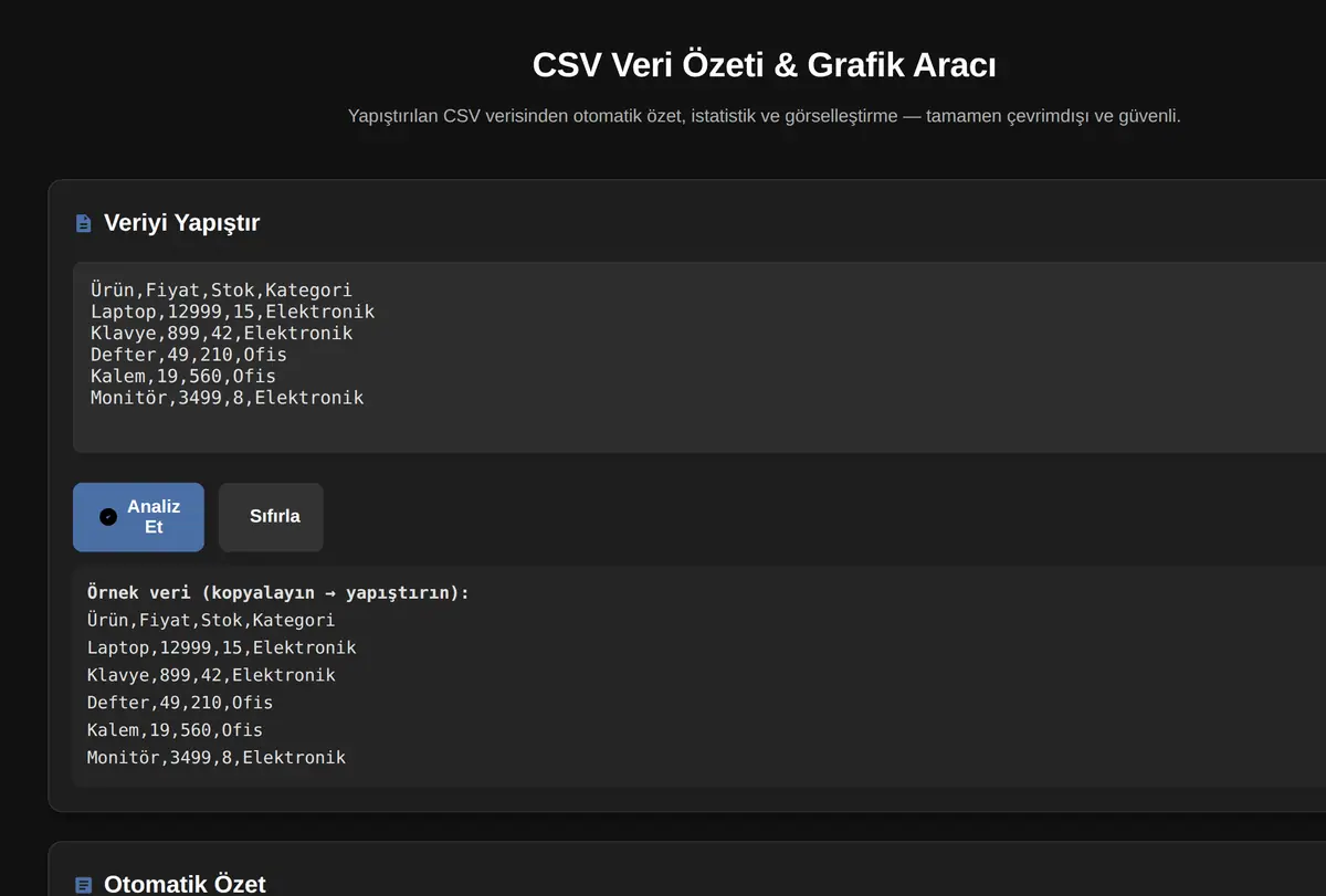 CSV Veri Özeti & Grafik Aracı ekran görüntüsü