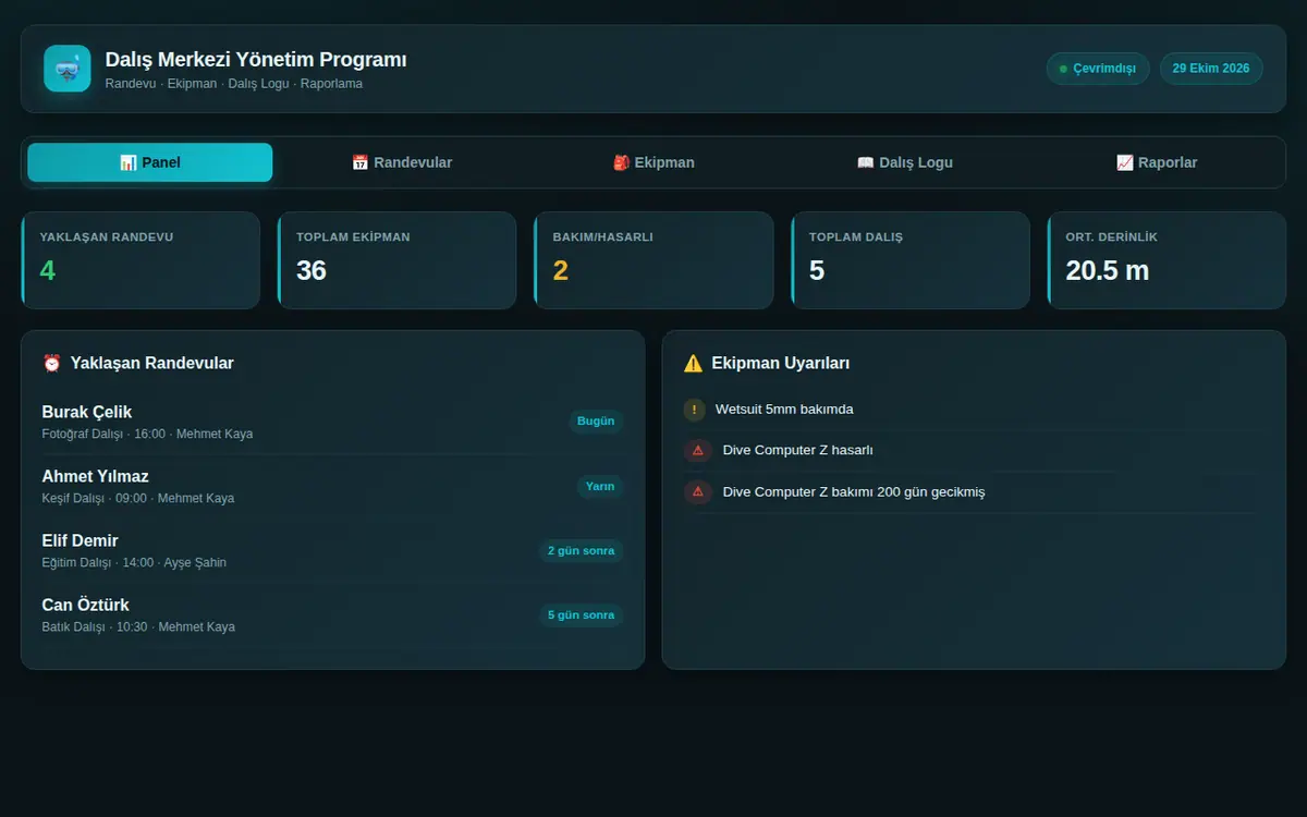 Dalış Merkezi Yönetim Programı ekran görüntüsü