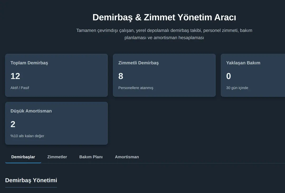 Demirbaş & Zimmet Yönetim Aracı ekran görüntüsü