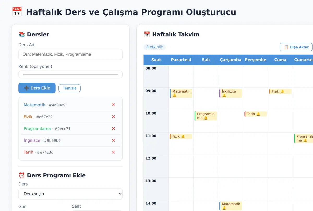 Haftalık Ders ve Çalışma Programı Oluşturucu ekran görüntüsü