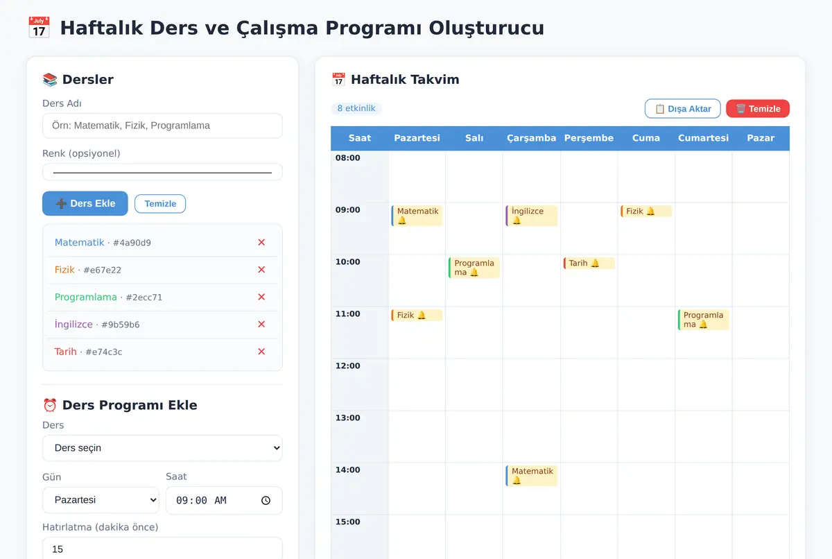 Haftalık Ders ve Çalışma Programı Oluşturucu ekran görüntüsü 2