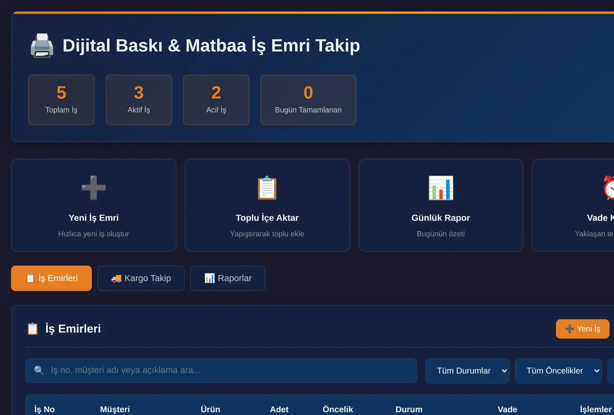 Dijital Baskı & Matbaa İş Emri Takip Aracı ekran görüntüsü