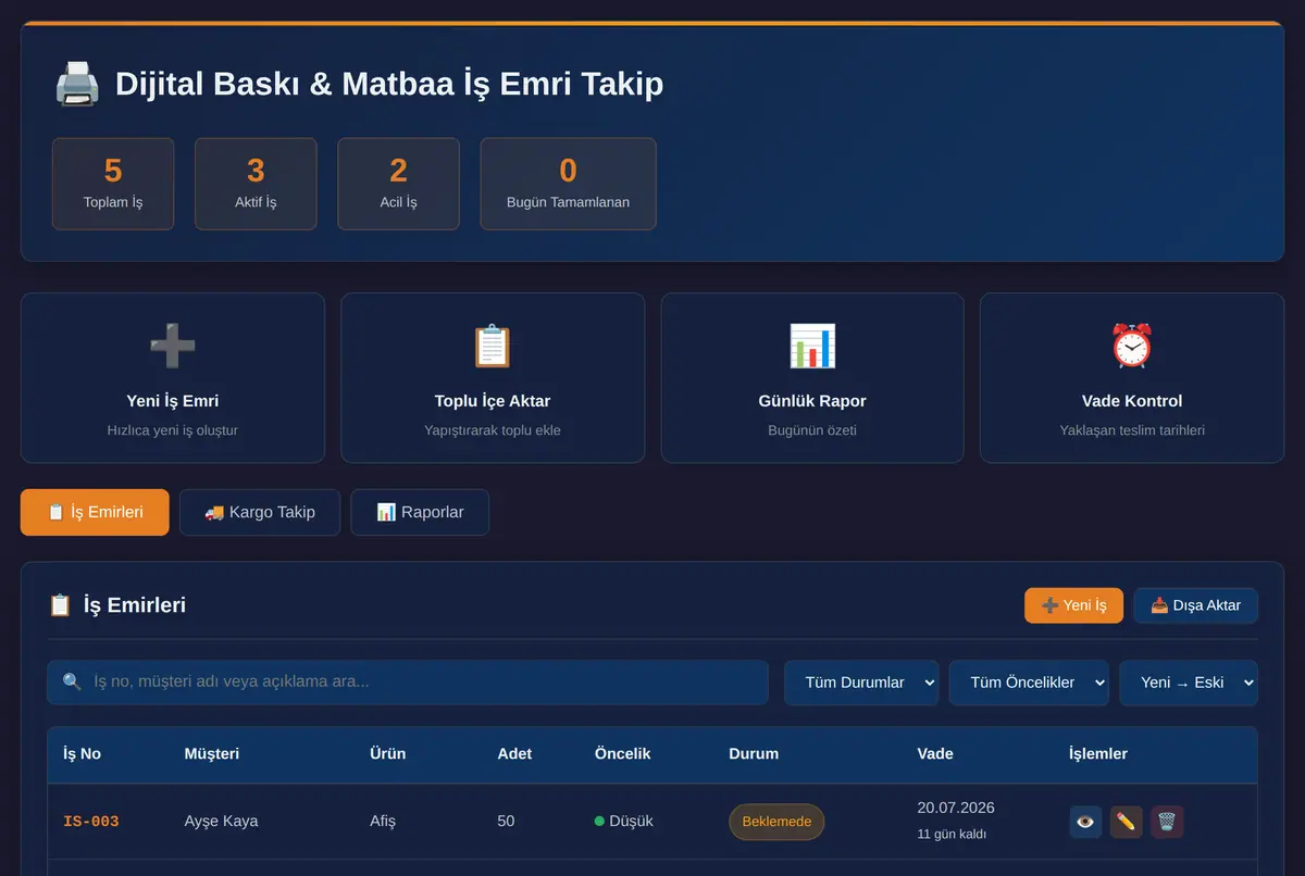 Dijital Baskı & Matbaa İş Emri Takip Aracı ekran görüntüsü 2
