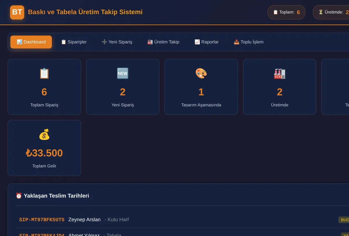 Baskı ve Tabela Üretim Takip Sistemi ekran görüntüsü