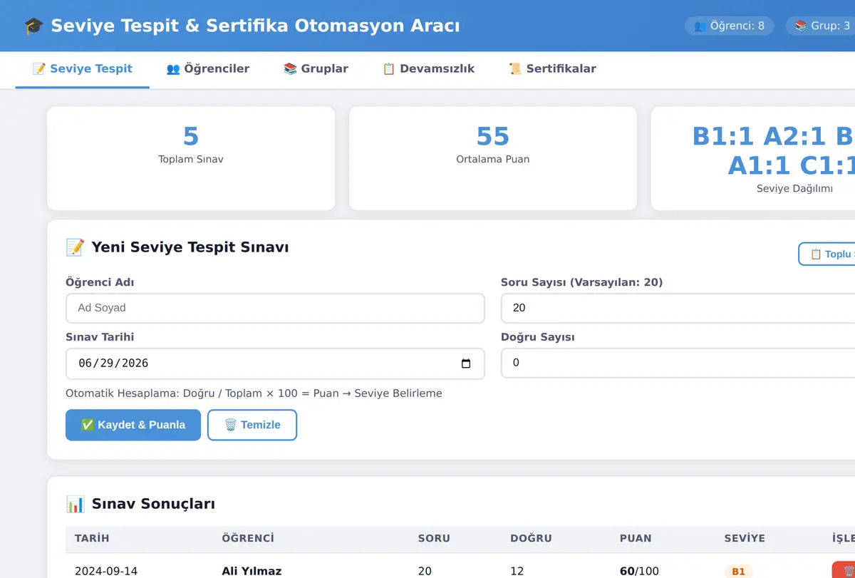 Seviye Tespit & Sertifika Otomasyon Aracı ekran görüntüsü