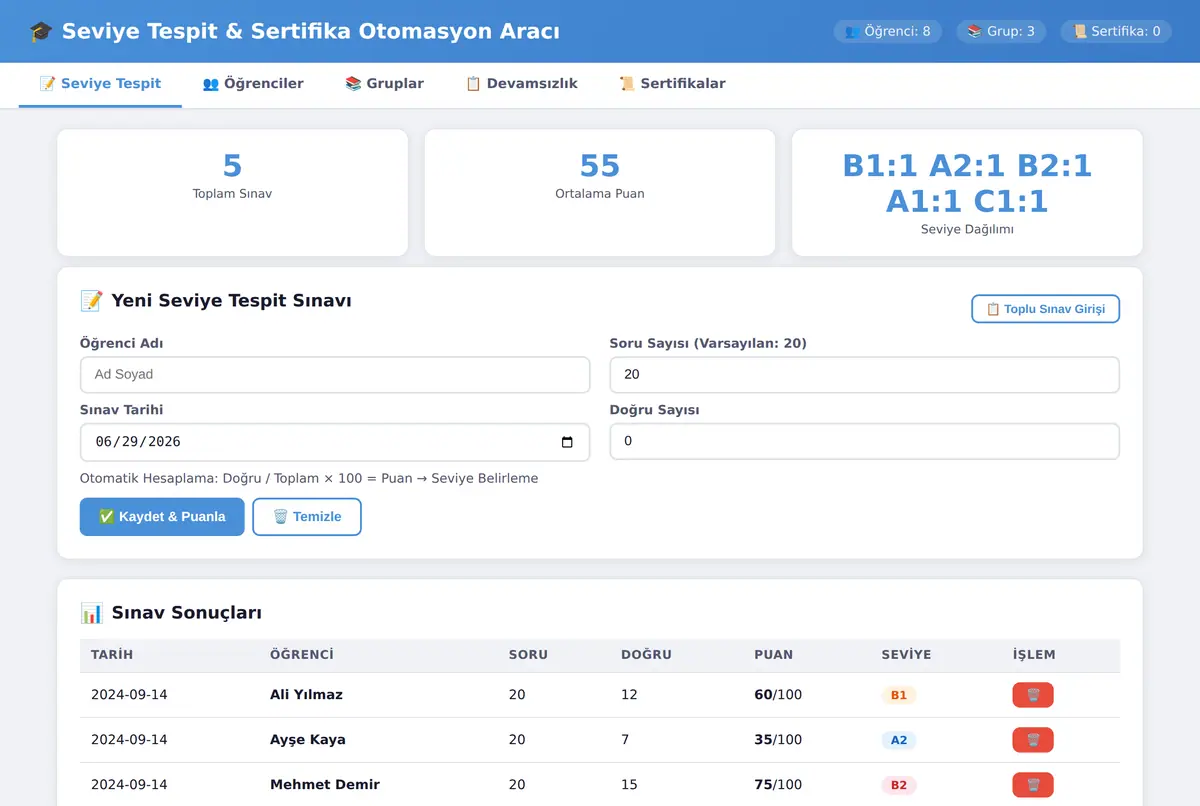 Seviye Tespit & Sertifika Otomasyon Aracı ekran görüntüsü 2