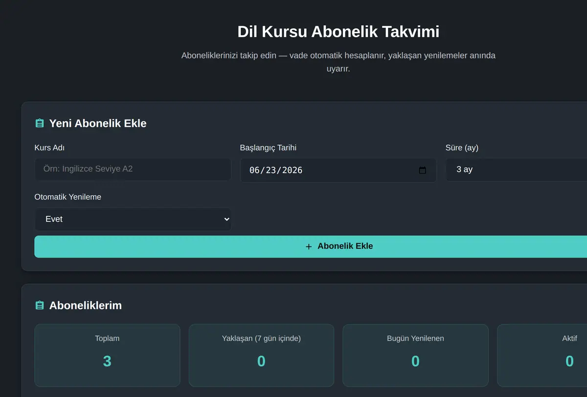 Dil Kursu Abonelik Takvimi ekran görüntüsü