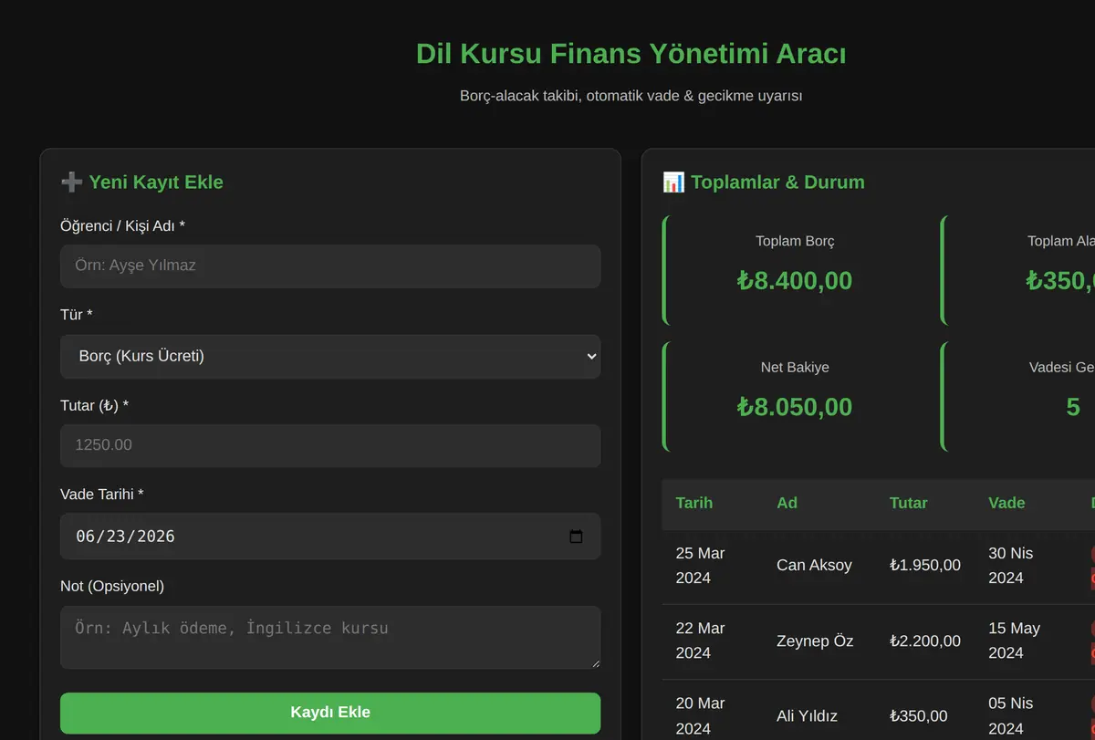 Dil Kursu Finans Yönetimi Aracı ekran görüntüsü