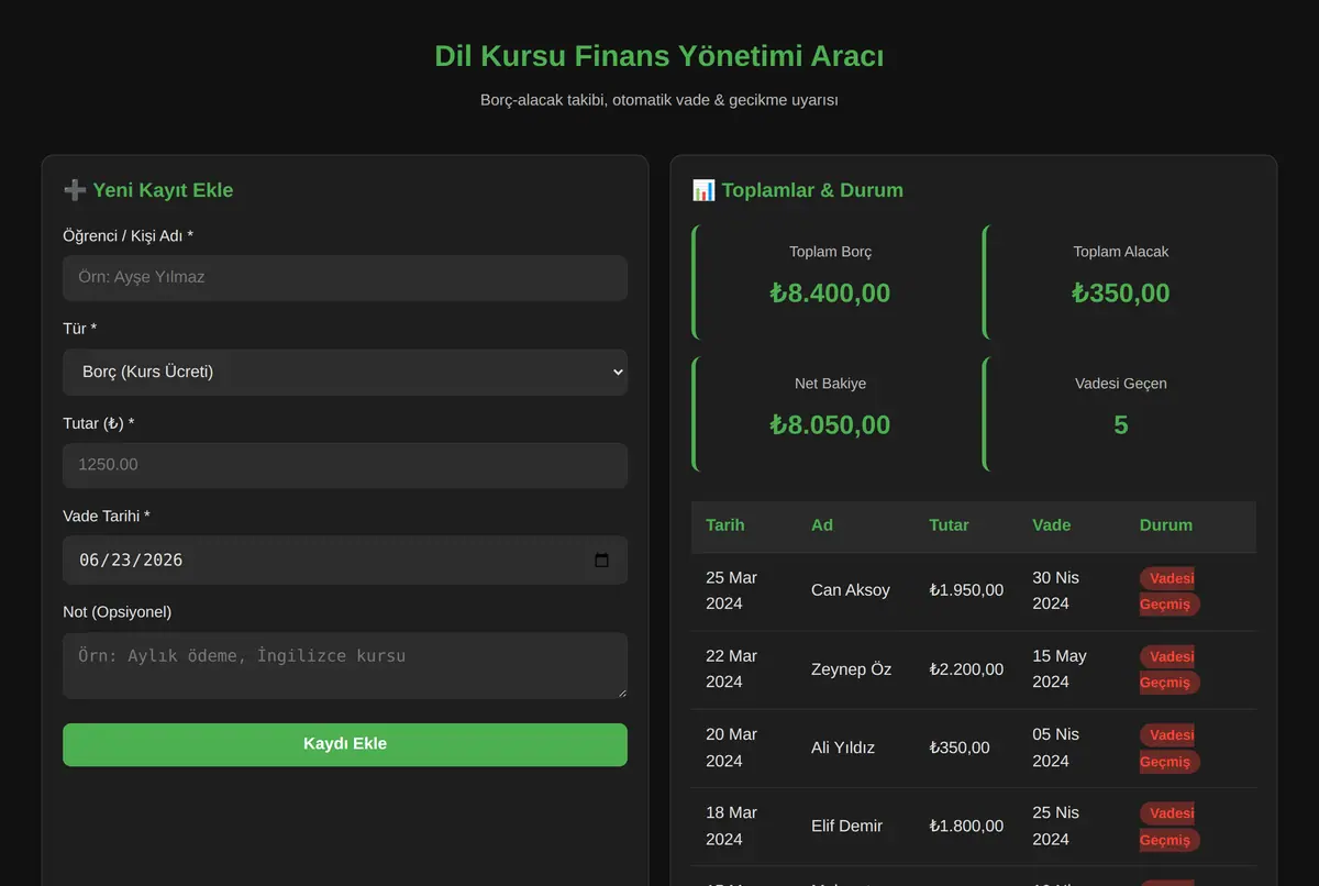 Dil Kursu Finans Yönetimi Aracı ekran görüntüsü 2