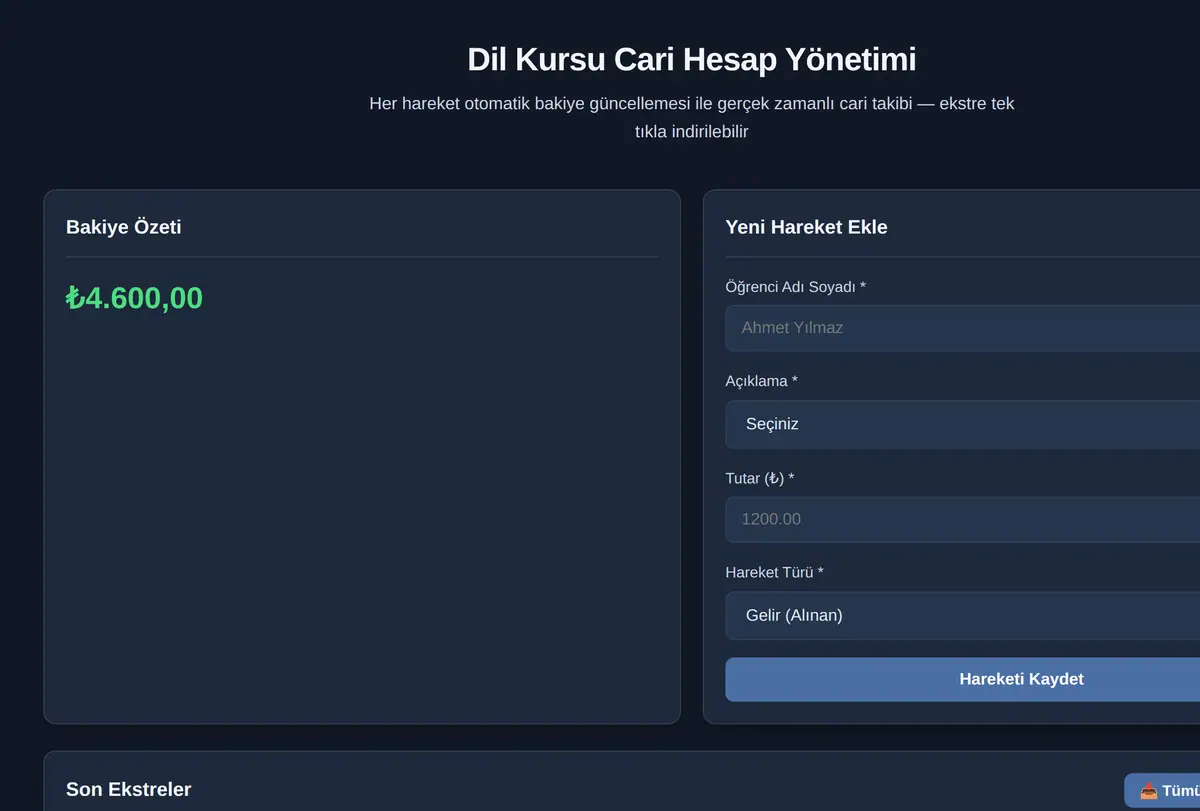 Dil Kursu Cari Hesap Yönetimi ekran görüntüsü