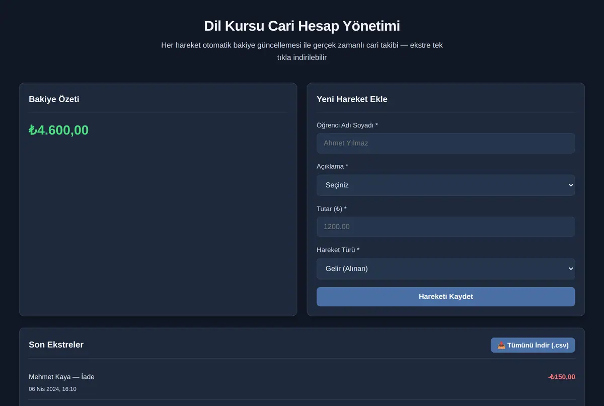 Dil Kursu Cari Hesap Yönetimi ekran görüntüsü 2