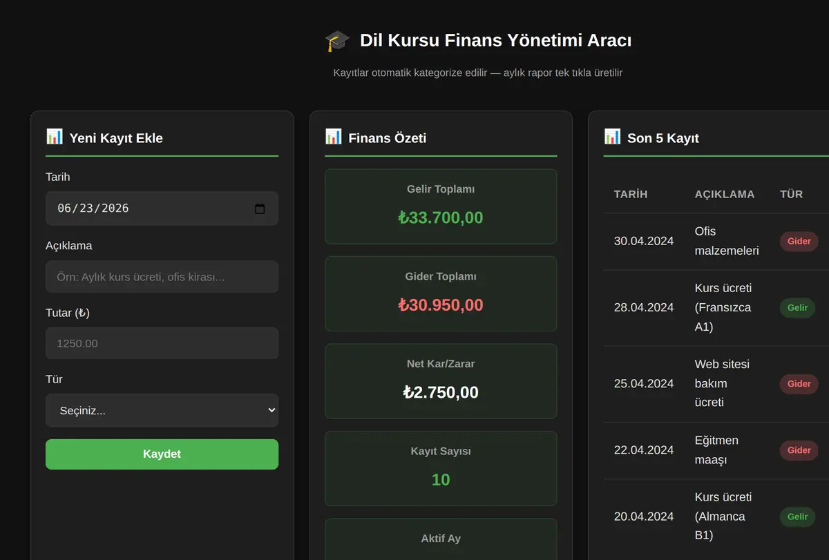 Dil Kursu Finans Yönetimi Aracı ekran görüntüsü