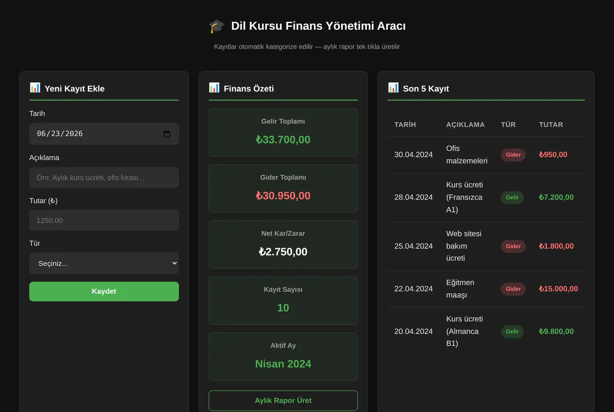 Dil Kursu Finans Yönetimi Aracı ekran görüntüsü 2