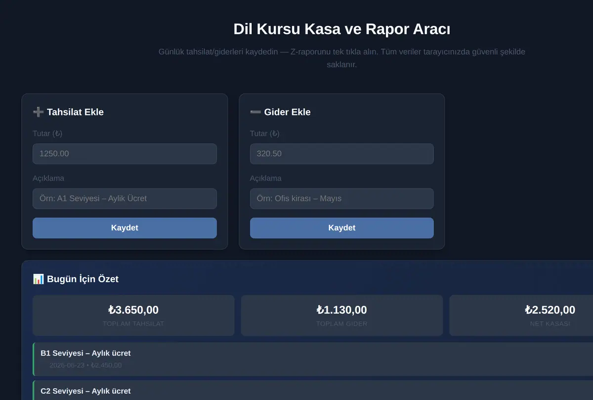 Dil Kursu Kasa ve Rapor Aracı ekran görüntüsü