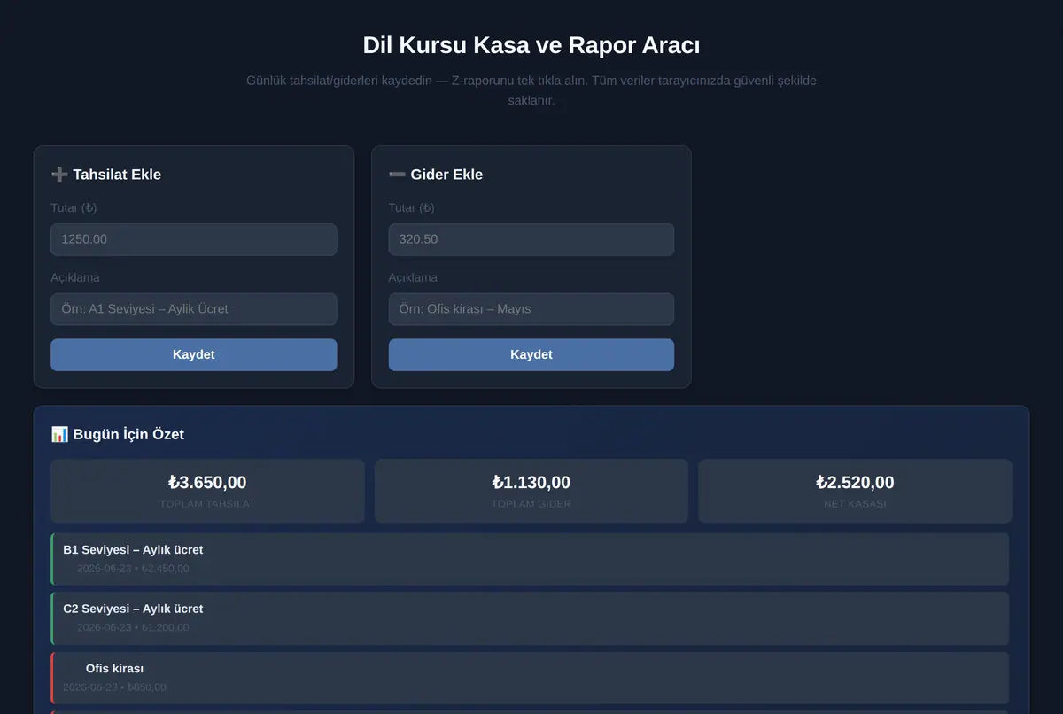 Dil Kursu Kasa ve Rapor Aracı ekran görüntüsü 2