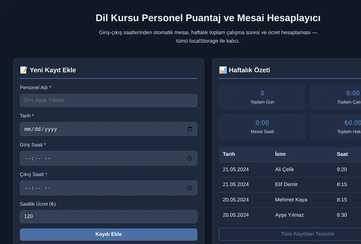 Dil Kursu Personel Puantaj ve Mesai Hesaplayıcı ekran görüntüsü