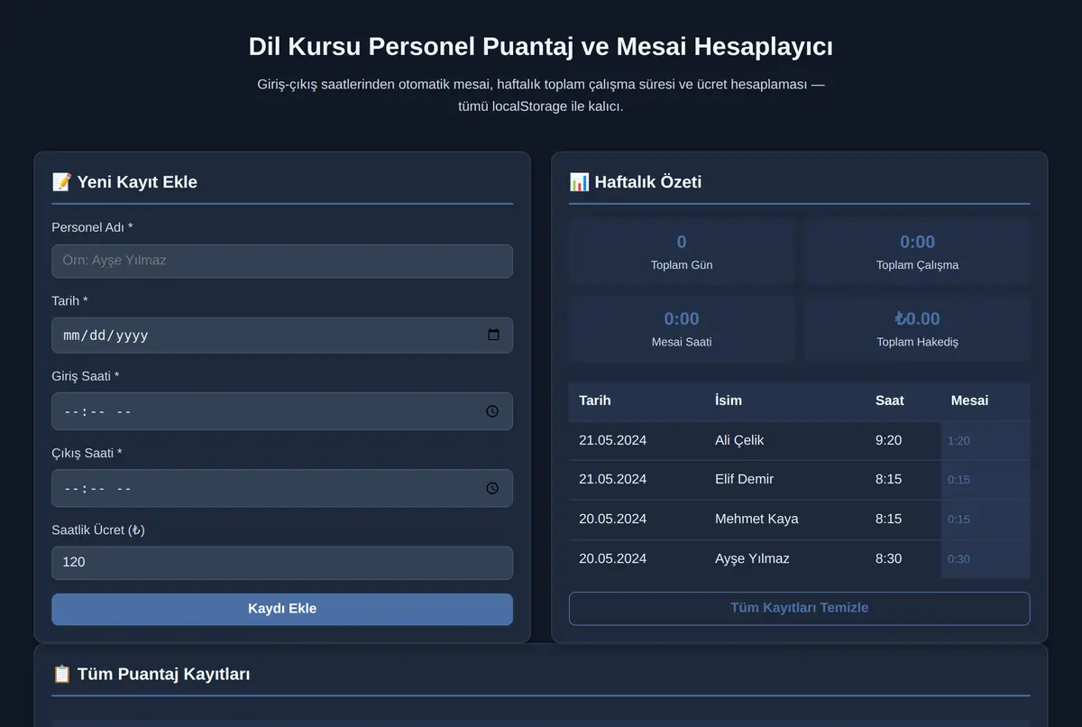 Dil Kursu Personel Puantaj ve Mesai Hesaplayıcı ekran görüntüsü 2