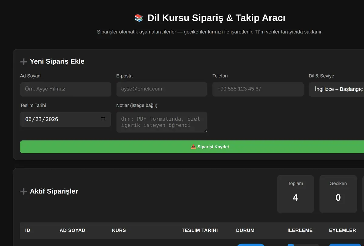 Dil Kursu Sipariş & Takip Aracı ekran görüntüsü