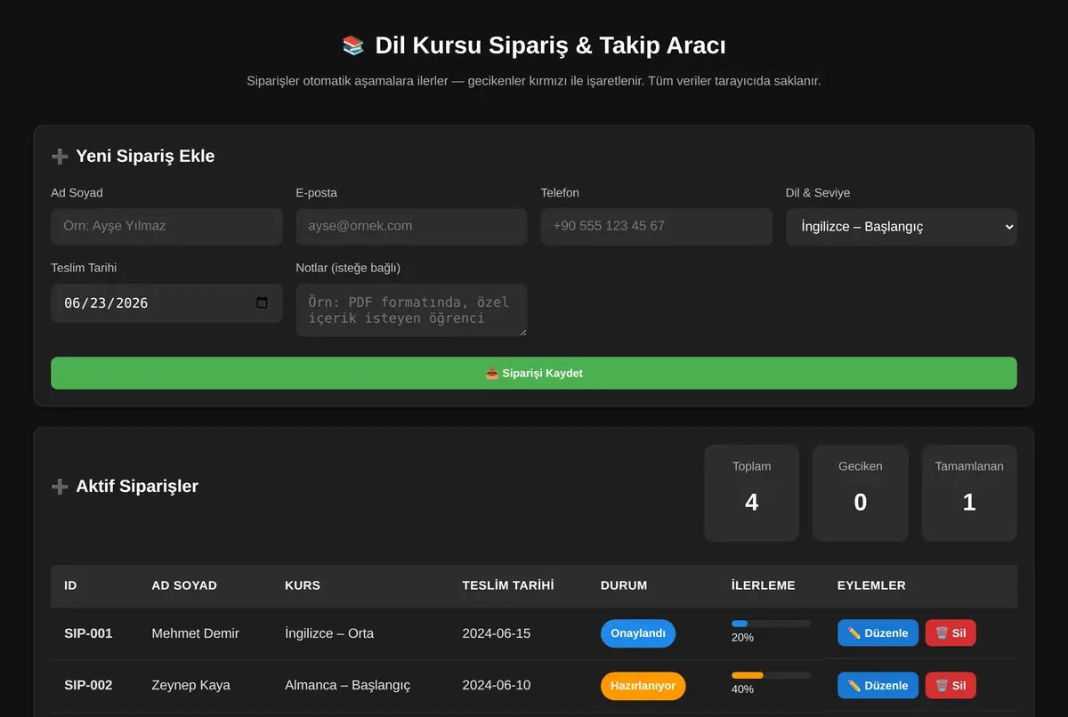 Dil Kursu Sipariş & Takip Aracı ekran görüntüsü 2