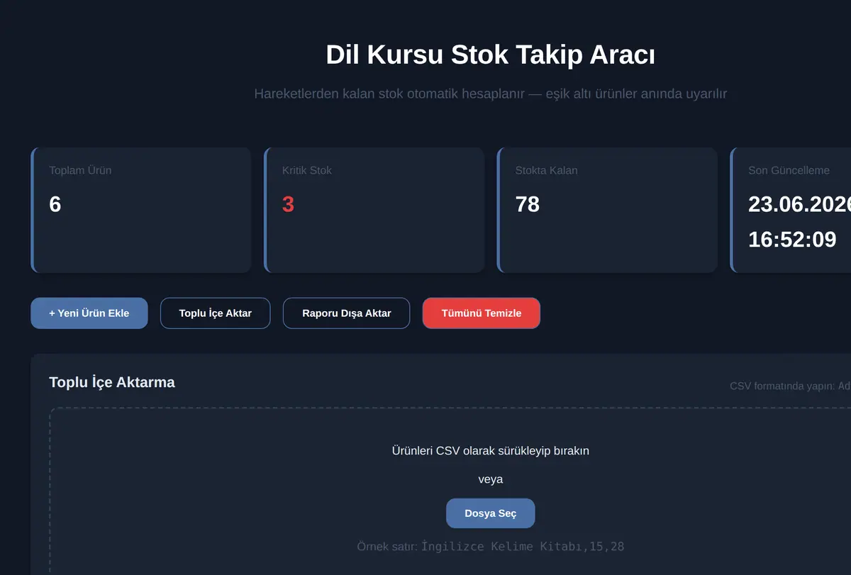 Dil Kursu Stok Takip Aracı ekran görüntüsü