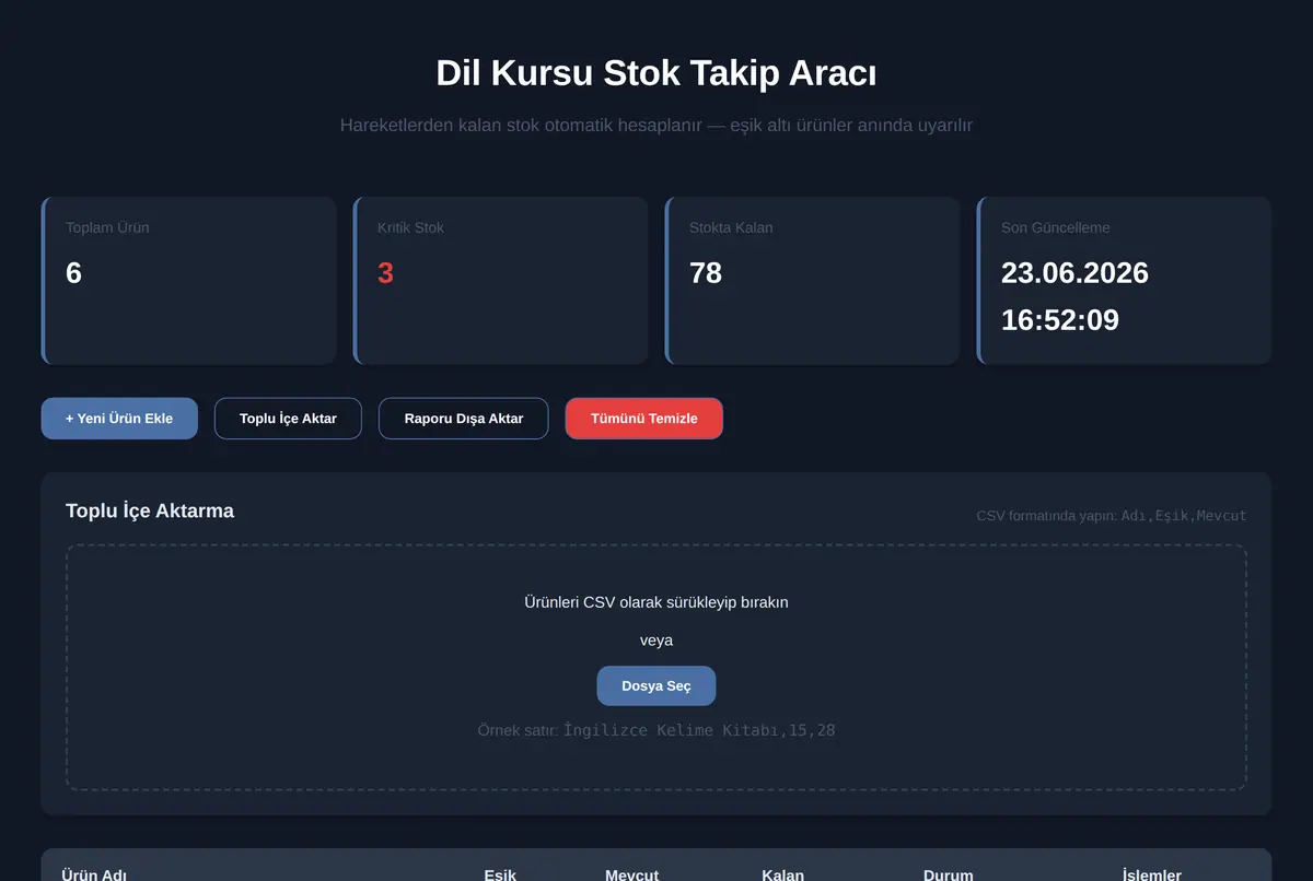 Dil Kursu Stok Takip Aracı ekran görüntüsü 2