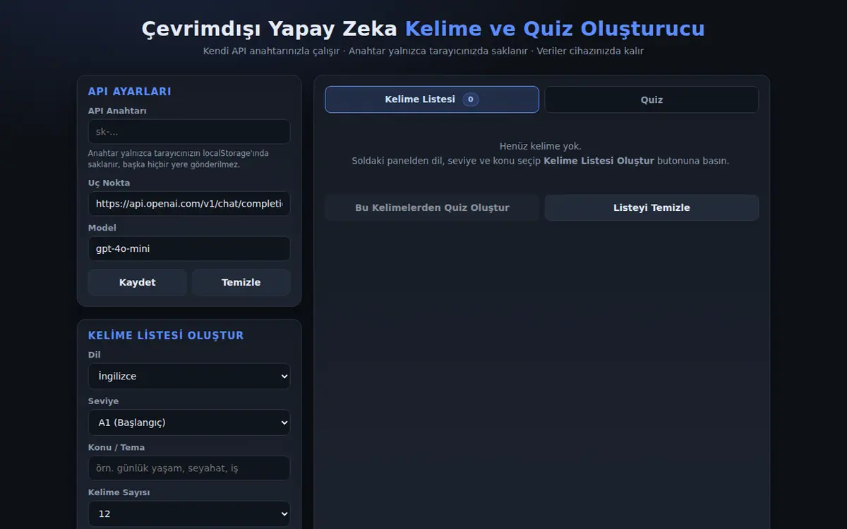 Dil Öğrenme Kelime Listesi ve Quiz Oluşturucu ekran görüntüsü