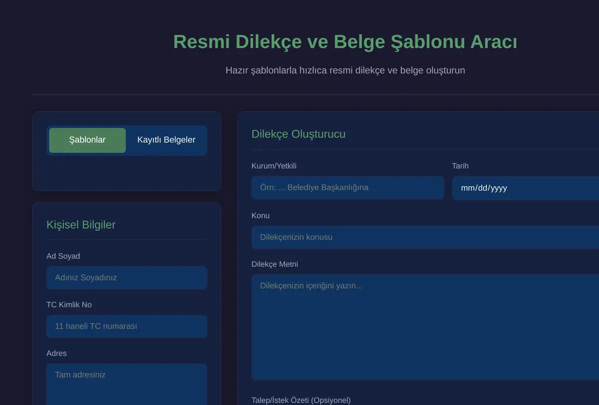 Resmi Dilekçe ve Belge Şablonu Aracı ekran görüntüsü