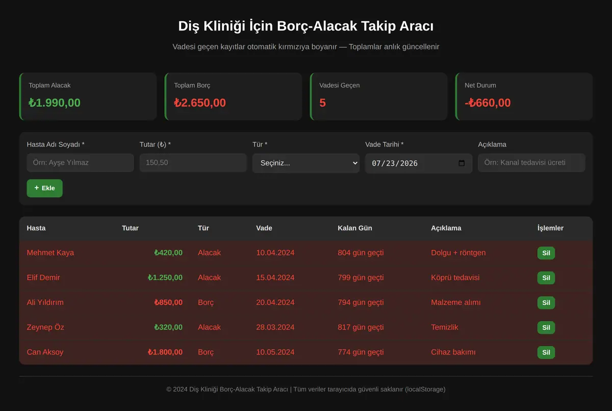 Diş Kliniği İçin Borç-Alacak Takip Aracı ekran görüntüsü 3