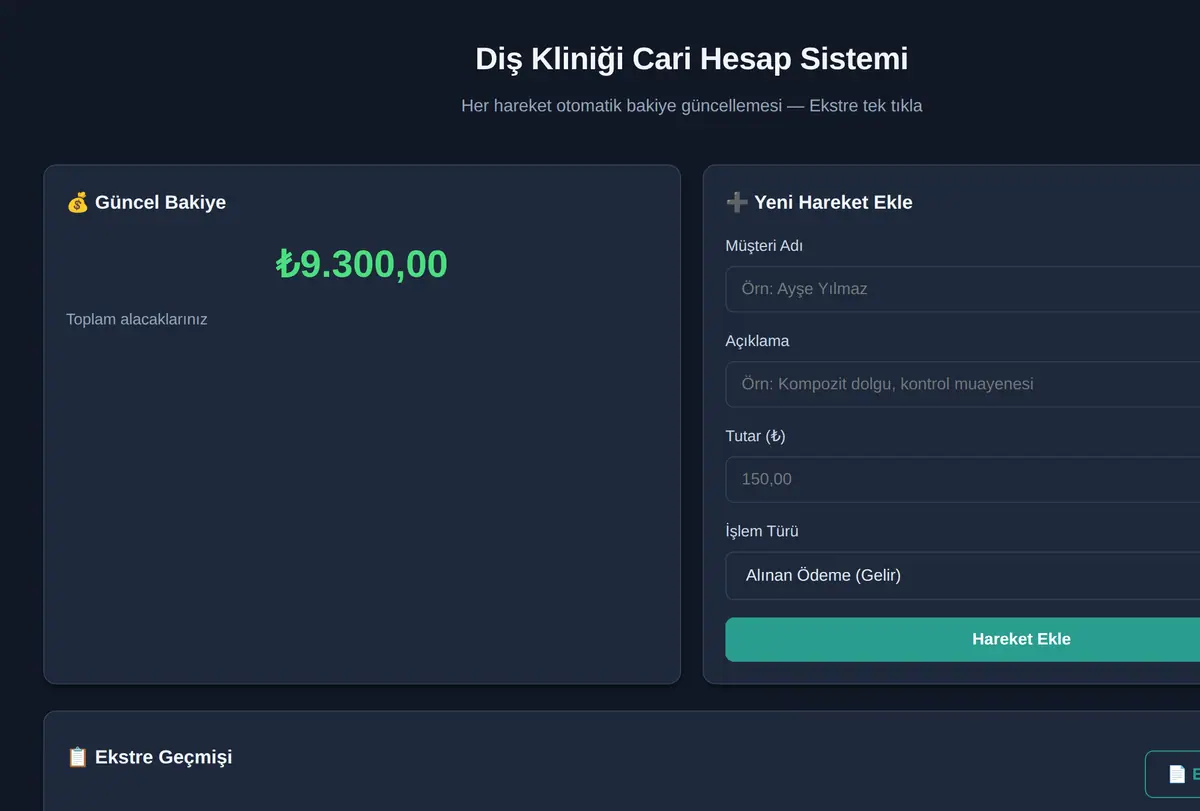 Diş Kliniği Cari Hesap Sistemi ekran görüntüsü