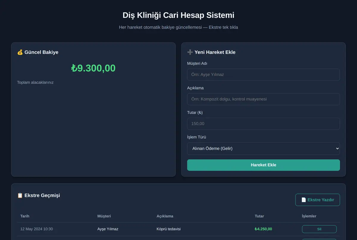 Diş Kliniği Cari Hesap Sistemi ekran görüntüsü 2