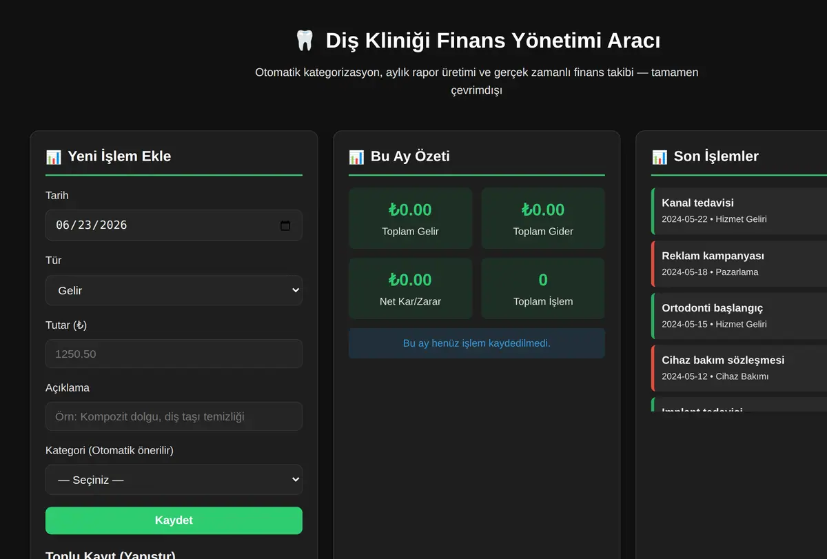 Diş Kliniği Finans Yönetimi Aracı ekran görüntüsü