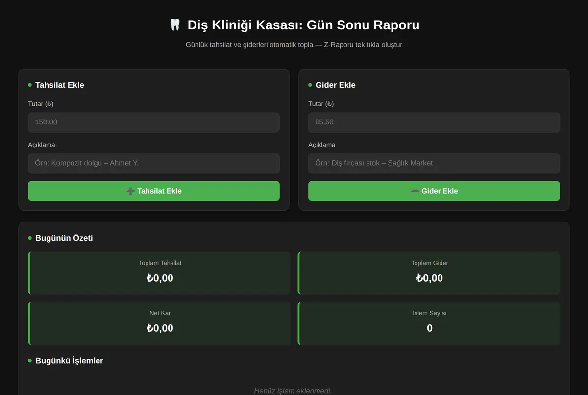 Diş Kliniği Kasası: Gün Sonu Raporu ekran görüntüsü 2