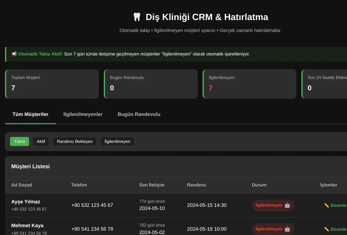 Diş Kliniği CRM & Hatırlatma ekran görüntüsü