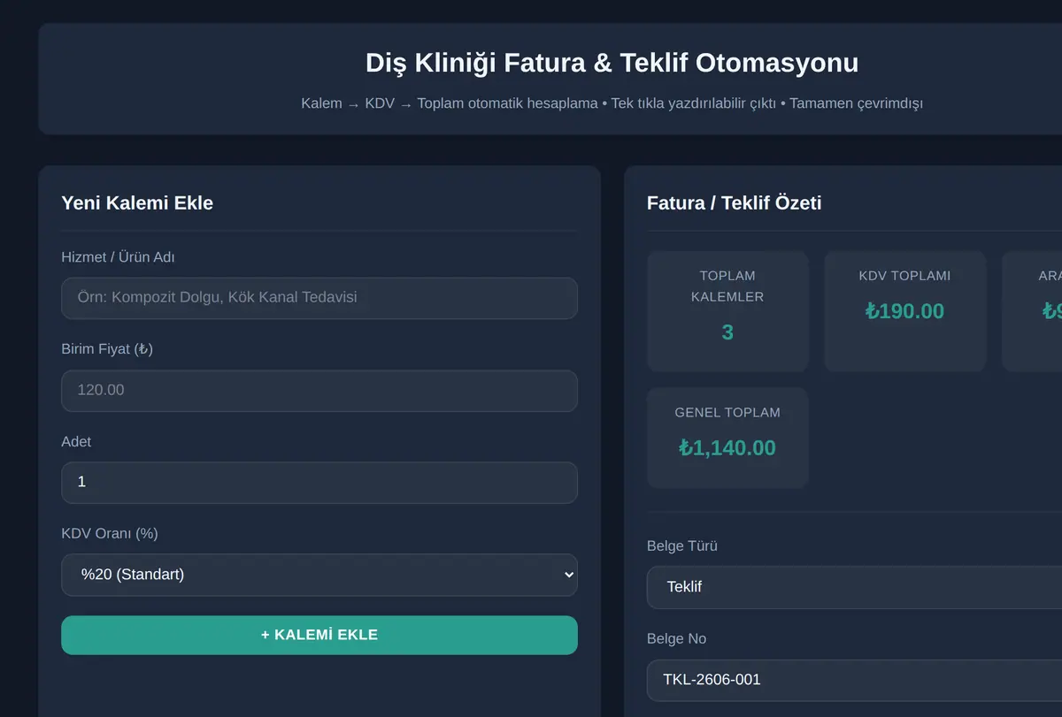 Diş Kliniği Fatura & Teklif Otomasyonu ekran görüntüsü