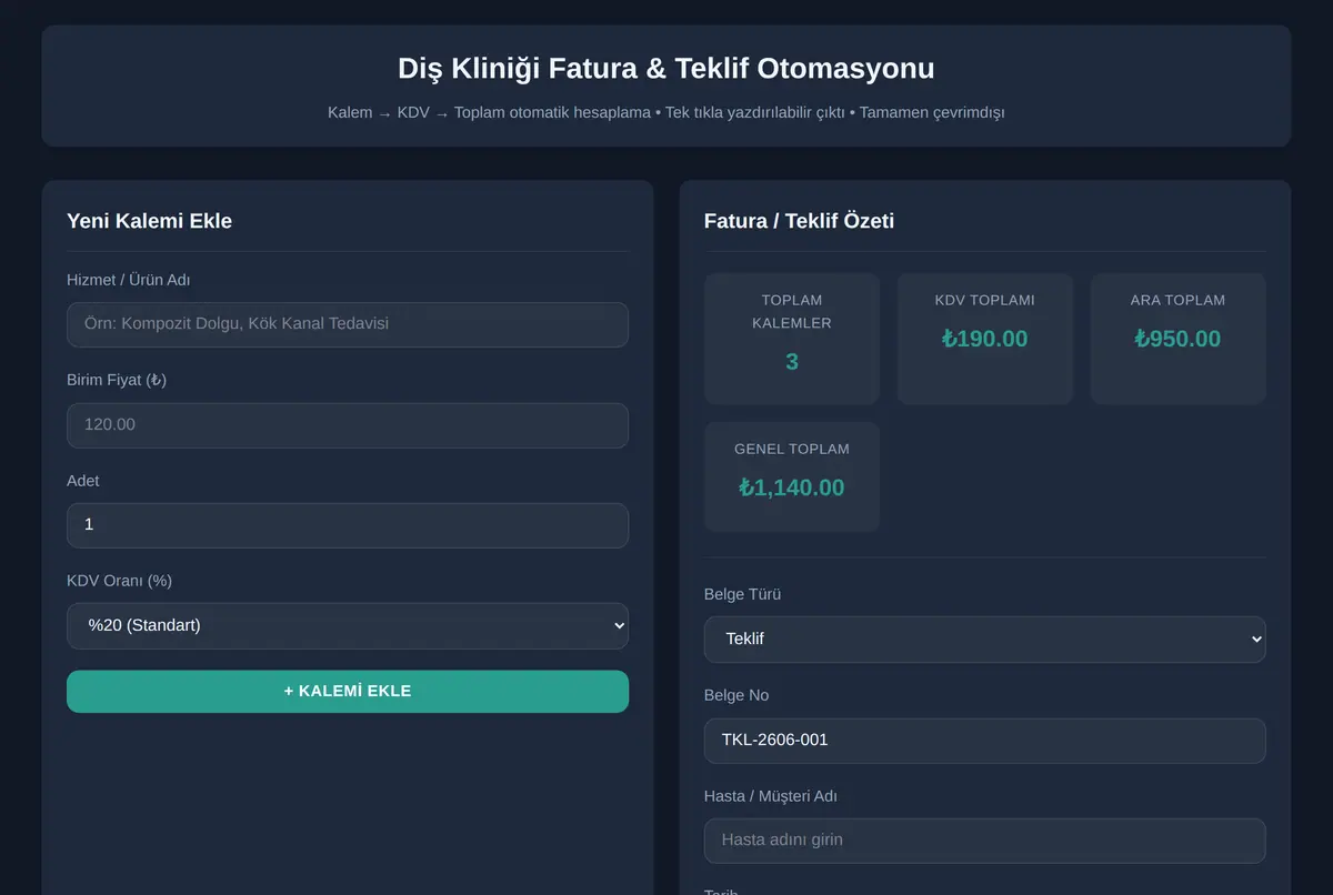 Diş Kliniği Fatura & Teklif Otomasyonu ekran görüntüsü 2