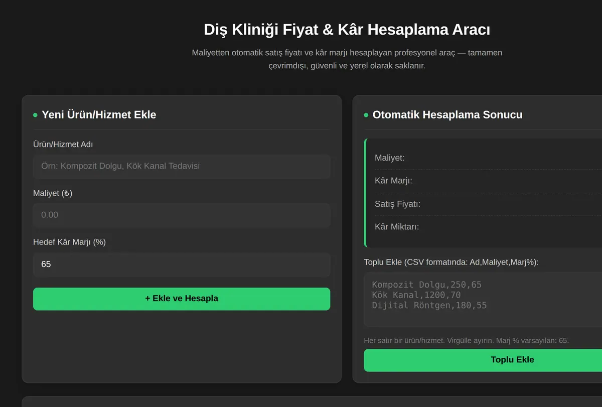Diş Kliniği Fiyat & Kâr Hesaplama Aracı ekran görüntüsü