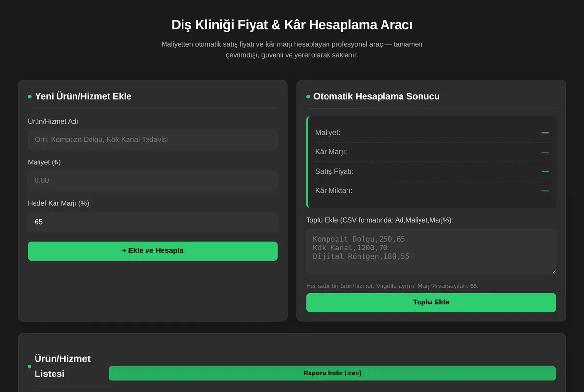 Diş Kliniği Fiyat & Kâr Hesaplama Aracı ekran görüntüsü 2