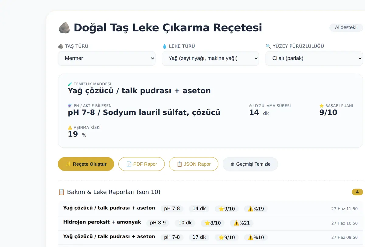 Doğal Taş Leke Çıkarma Reçetesi Hesaplayıcı ekran görüntüsü