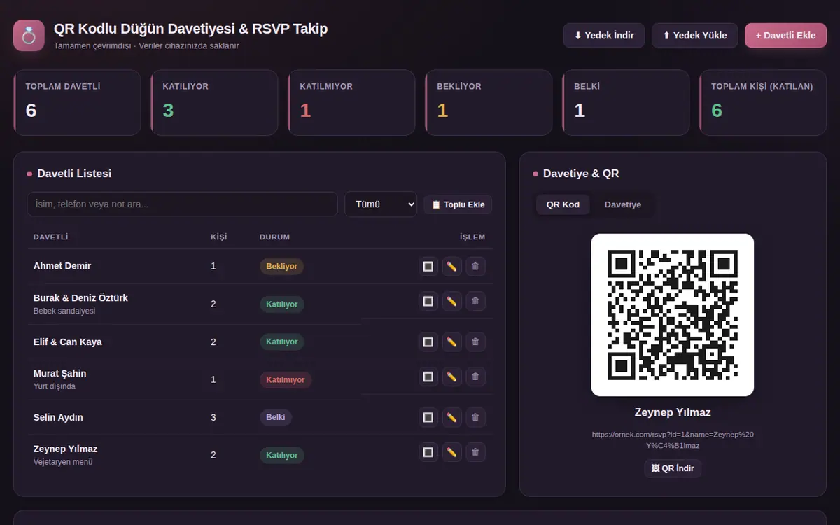 Düğün Davetiyesi & QR Kodlu RSVP Takip Aracı ekran görüntüsü