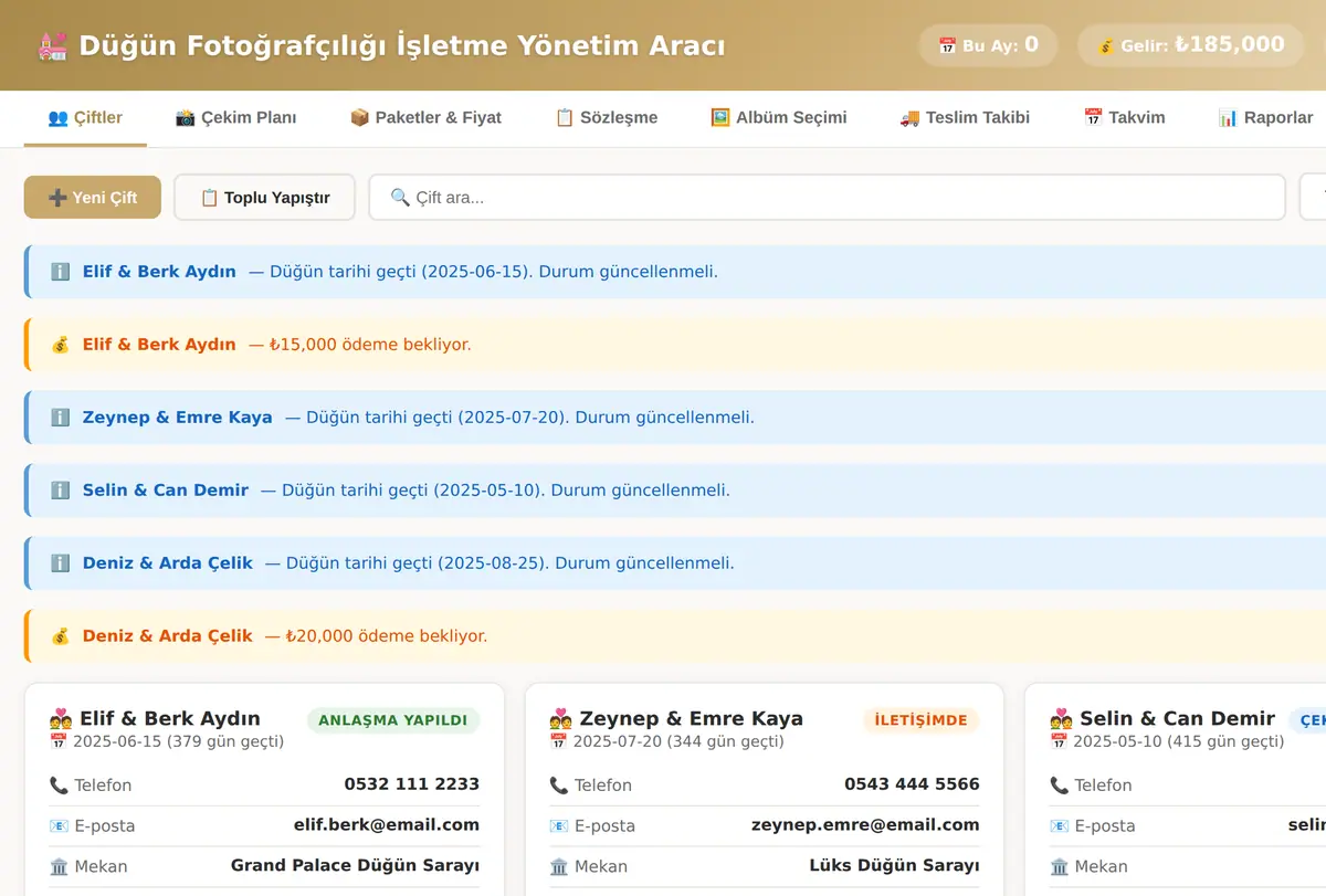 Düğün Fotoğrafçılığı İşletme Yönetim Aracı ekran görüntüsü