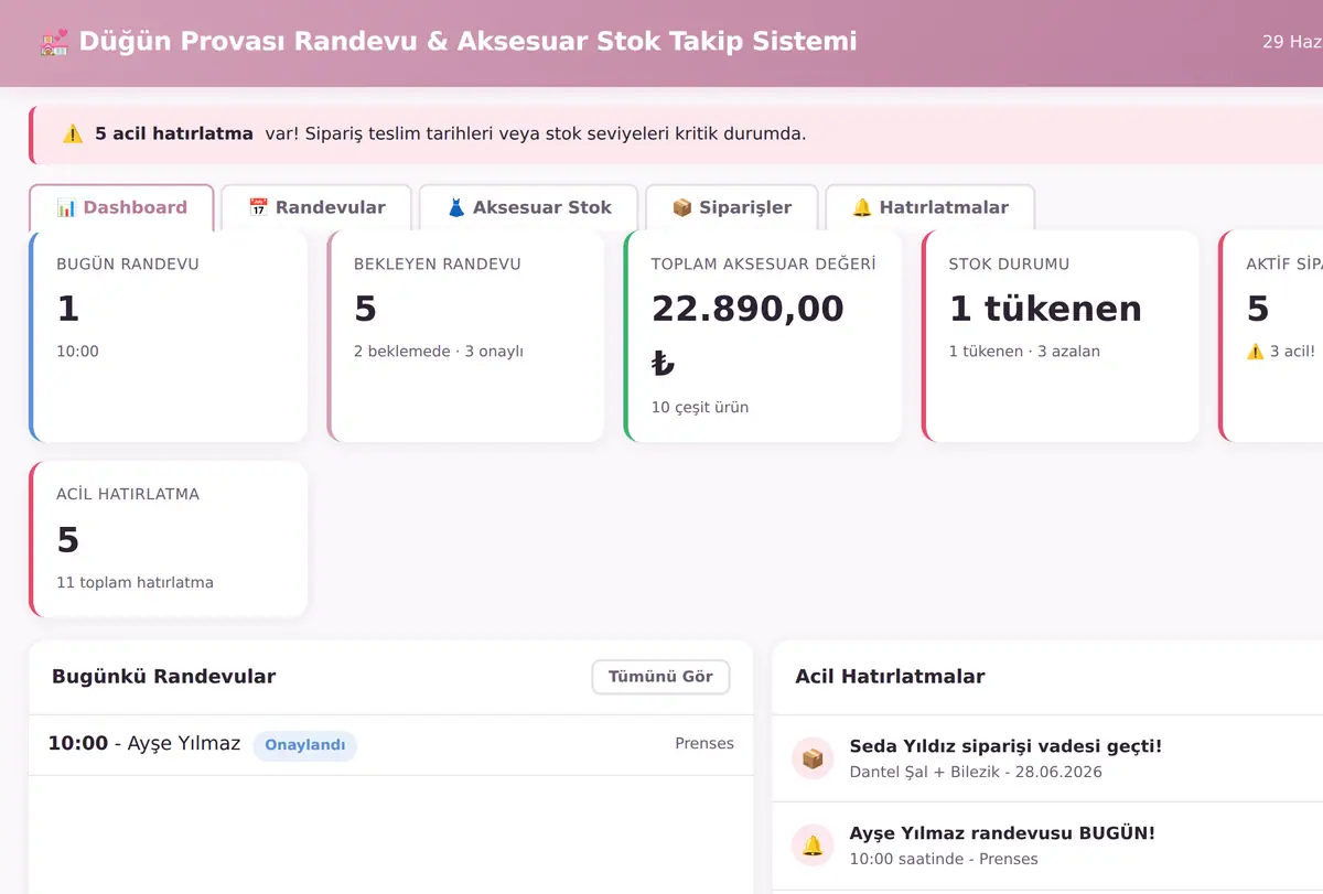 Düğün Provası Randevu & Aksesuar Stok Takip Sistemi ekran görüntüsü